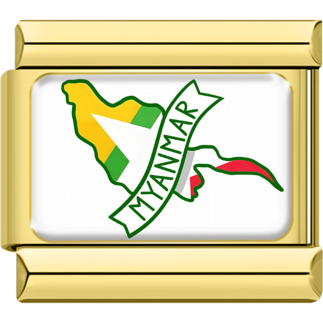 Italian charm with a gold frame showing the map of Myanmar in green, yellow and red flag colors with a curved banner labeled “Myanmar.”